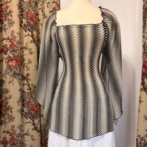 MKM Designs Tops - MKM Designs Black White Striped Pleated Tunic with Flowy Flared Angel Sleeve